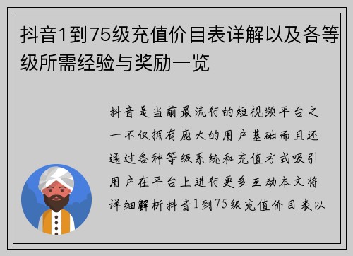 抖音1到75级充值价目表详解以及各等级所需经验与奖励一览